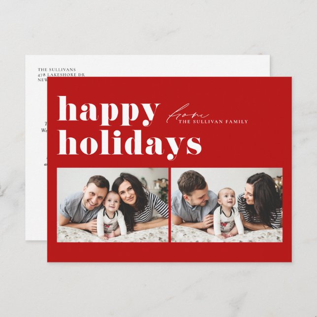 Red Retro Typography Happy Holidays Two Photo Holiday Postcard (Front/Back)