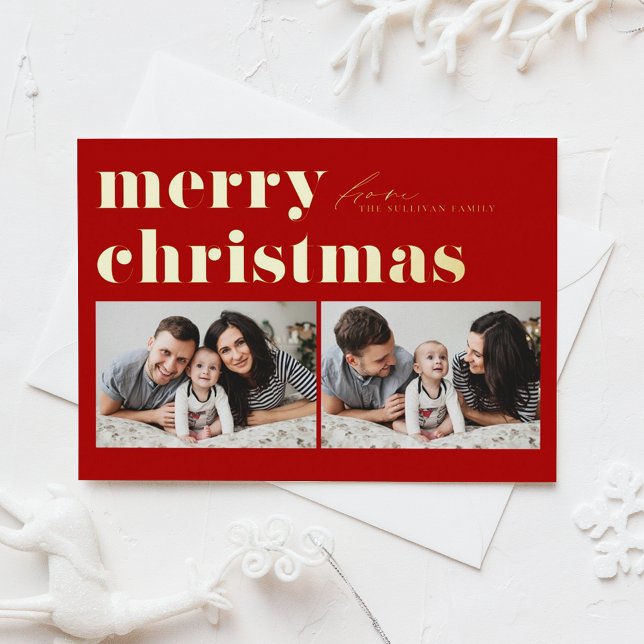 Red Retro Typography Merry Christmas Two Photo Foil Holiday Card (Creator Uploaded)