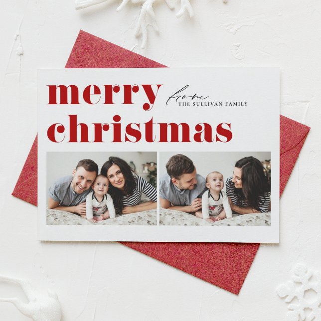 Red Retro Typography Merry Christmas Two Photo Holiday Card (Creator Uploaded)