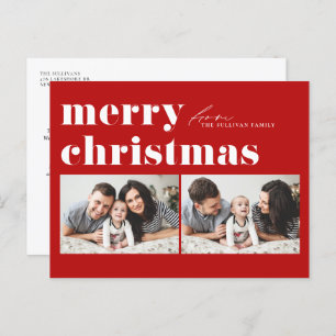 Red Retro Typography Merry Christmas Two Photo Holiday Postcard