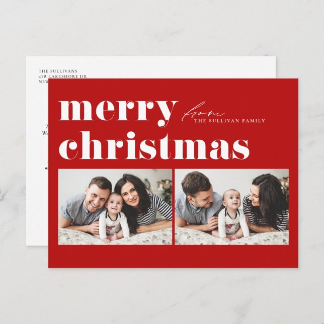 Red Retro Typography Merry Christmas Two Photo Holiday Postcard (Front/Back)