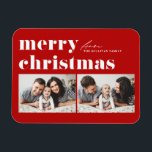 Red Retro Typography Merry Christmas Two Photo Magnet<br><div class="desc">Merry Christmas! Bring a touch of holiday cheer to your home with our Customisable Photo Christmas Magnet! Perfect for displaying cherished memories, this magnet allows you to personalise it with your favourite festive photo, making it a unique addition to your holiday decor. It features retro bold typography. Personalise by adding...</div>