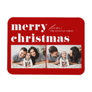 Red Retro Typography Merry Christmas Two Photo Magnet