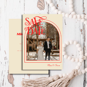 Red Retro Vintage arch Typography photo wedding Save The Date