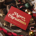 Red Retro Vintage Font Merry Christmas Foil Holiday Card<br><div class="desc">Merry Christmas card: a classic retro design,  with a vintage inspired typography in gold foil and a classic red background.</div>