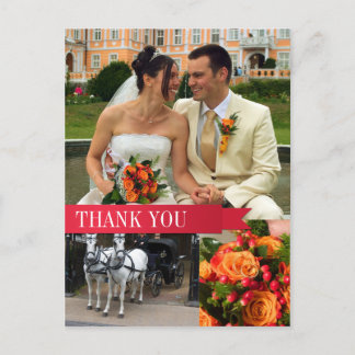 Red ribbon 3 photo montage wedding thank you note postcard