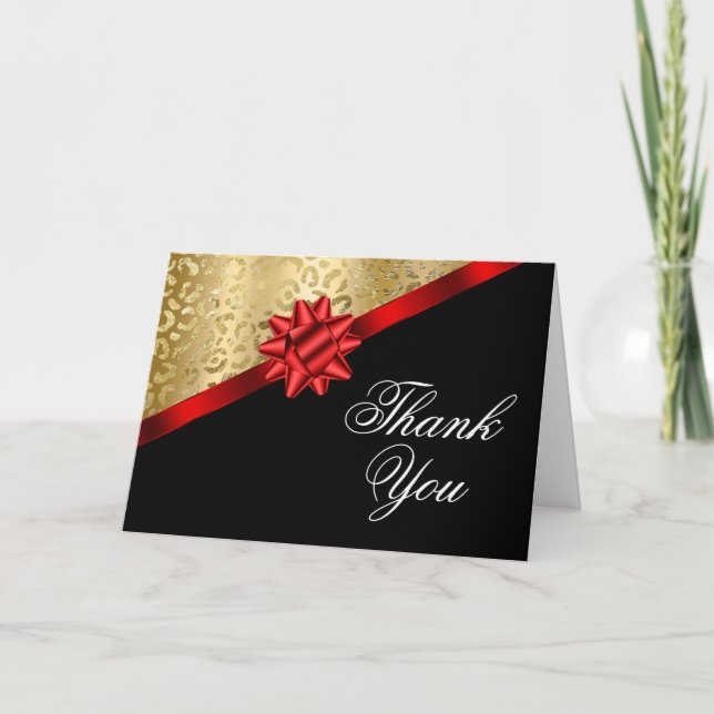 Red Ribbon and Bow Gold Leopard Glam Black Thank You Card (Front)