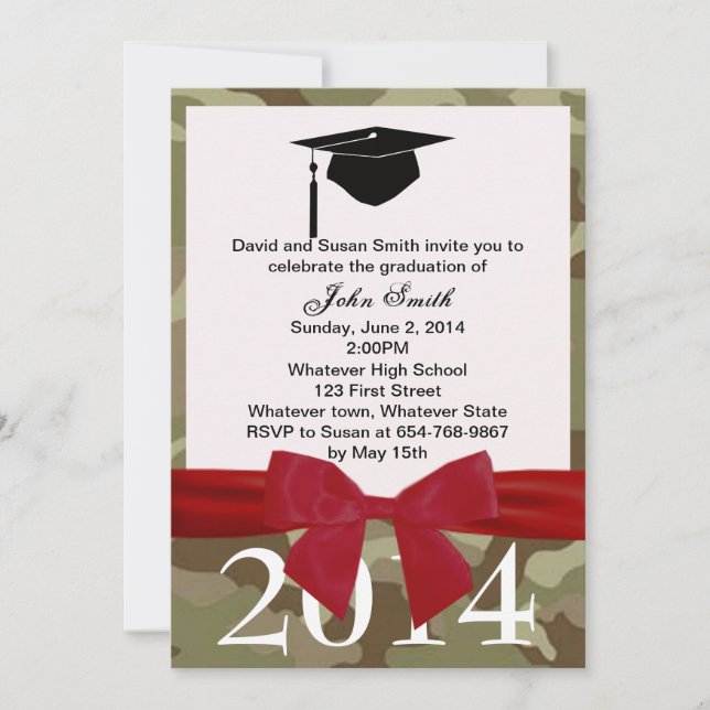 Red Ribbon And Camouflage Graduation Invitation (Front)
