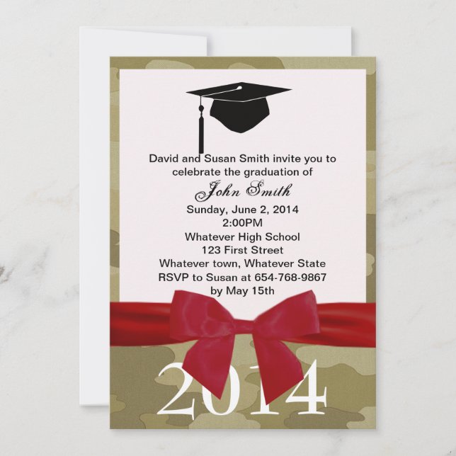 Red Ribbon And Camouflage Graduation Invitation (Front)