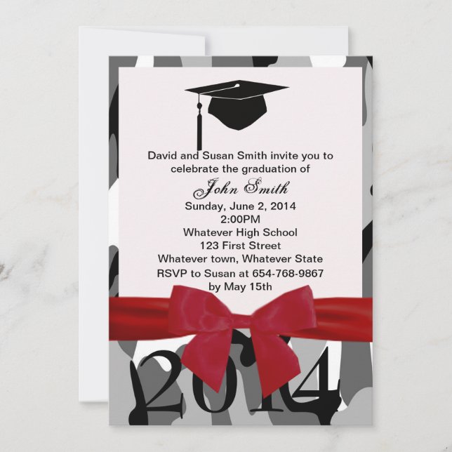 Red Ribbon And Grey Camo Graduation Invitation (Front)