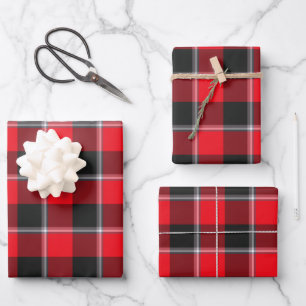 Red Ribbon and Heavy Metal Plaid Wrapping Paper Sheet