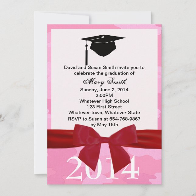 Red Ribbon And Pink Camouflage Graduation Invite (Front)