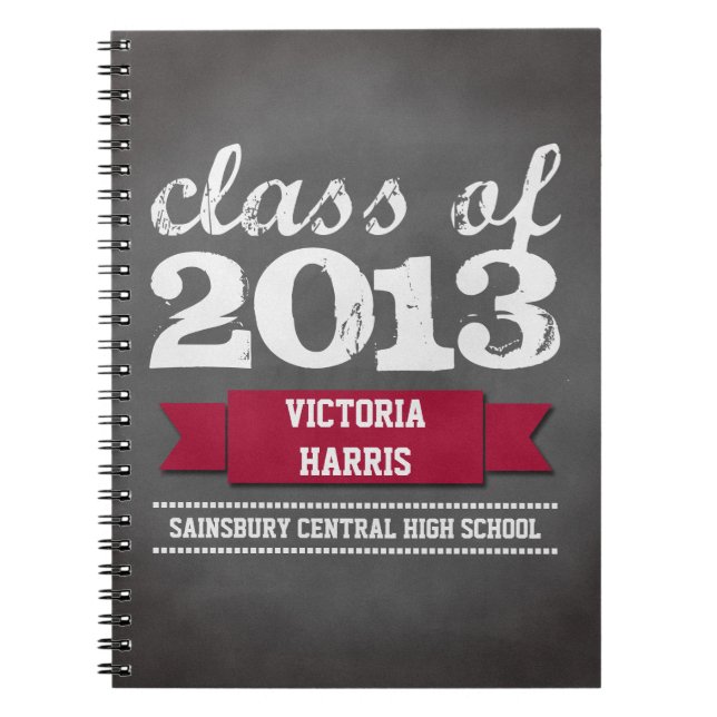 Red ribbon banner chalkboard graduation student notebook (Front)