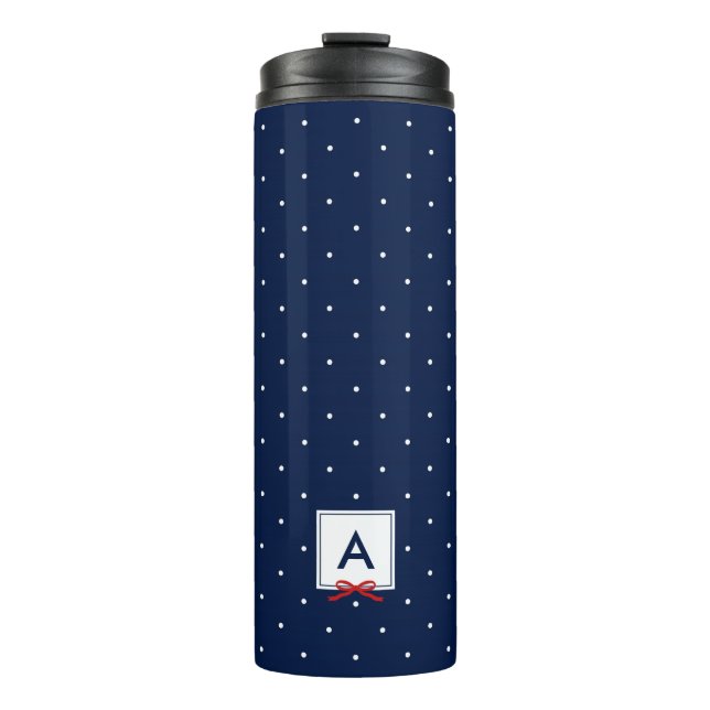 Red Ribbon Blue Polka Dot Pattern Monogram Thermal Tumbler (Front)