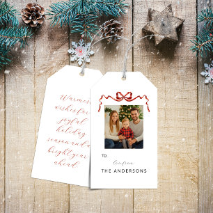 Red Ribbon Bow Christmas Photo Gift Tag