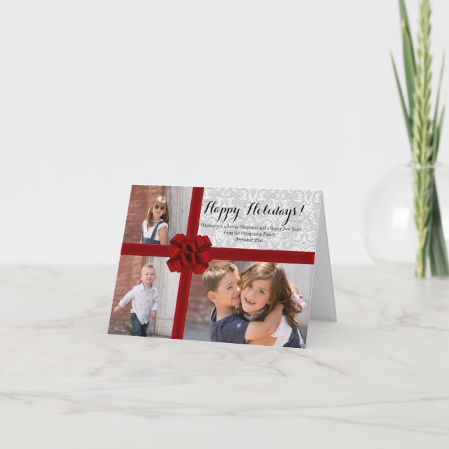 Red Ribbon Bow Christmas Photo Holiday Card (Front)