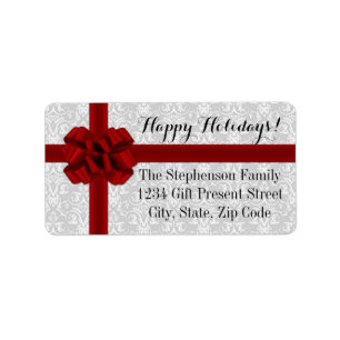 Red Ribbon Bow Christmas Photo Label