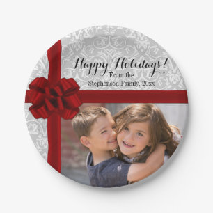 Red Ribbon Bow Christmas Photo Paper Plate