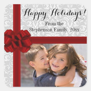 Red Ribbon Bow Christmas Photo Square Sticker