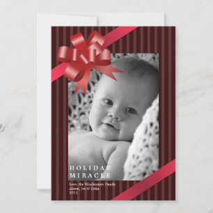 Red ribbon bow frame holiday miracle baby first card