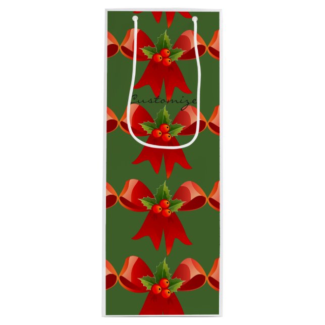Red Ribbon Bow Holly Thunder_Cove Green Wine Gift Bag (Front)