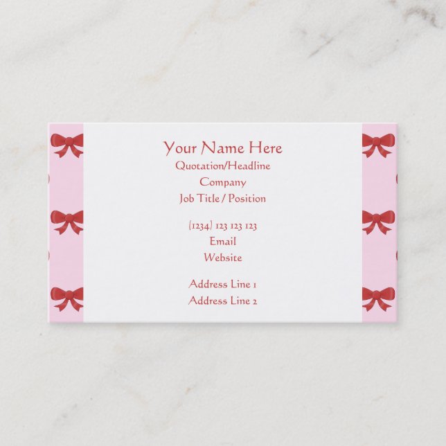 Red Ribbon Bow Pattern on Pink. Business Card (Front)
