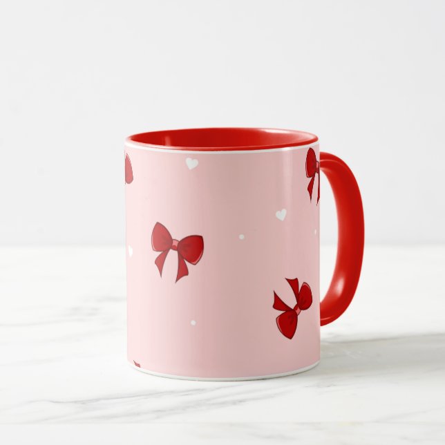 Red Ribbon Bow Pattern | Sweet Pastel Pink Cute Mug (Front Right)