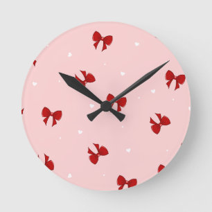 Red Ribbon Bow Pattern   Sweet Pastel Pink Cute  Round Clock
