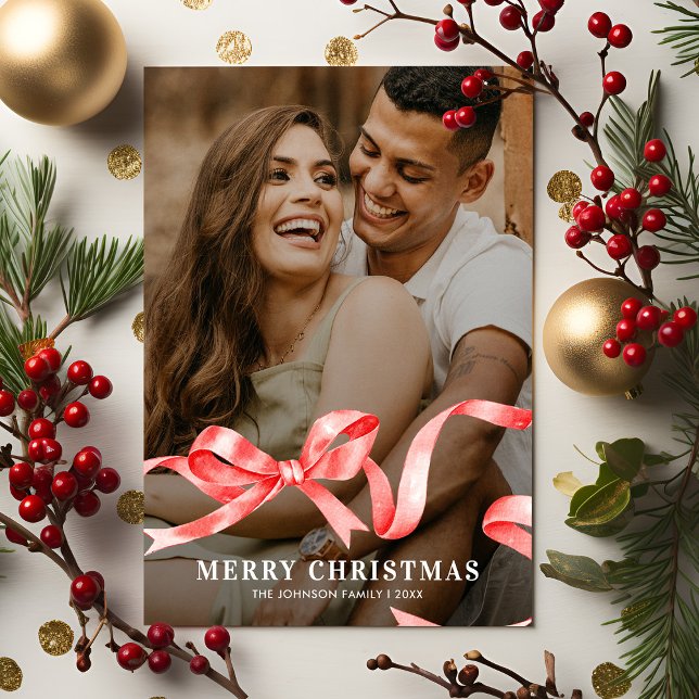 Red Ribbon Bow Photo Christmas Holiday Card (Creator Uploaded)