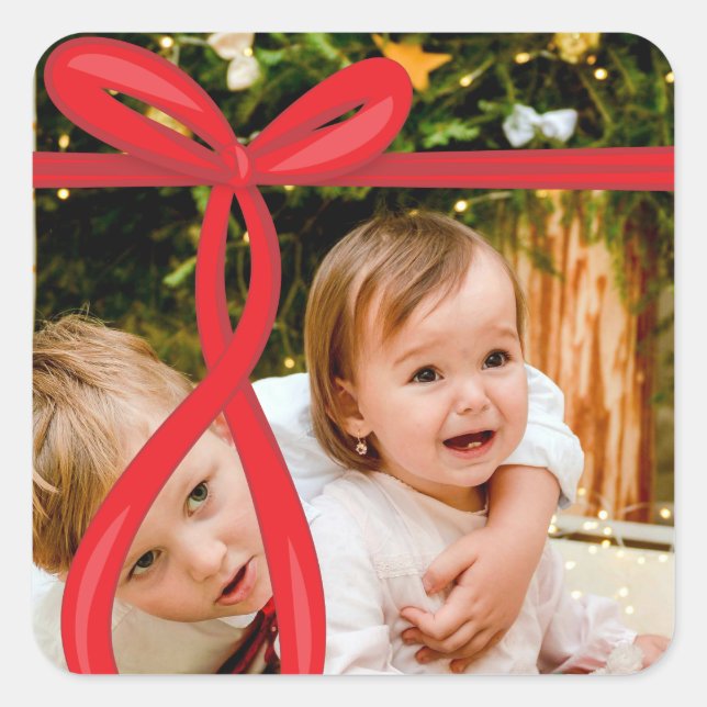 RED RIBBON BOW PHOTO SQUARE STICKER (Front)