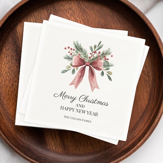 Red Ribbon Bow Watercolor Simple Holly Holiday Napkin (Red Ribbon Bow Watercolor Simple Holly Holiday Napkins)