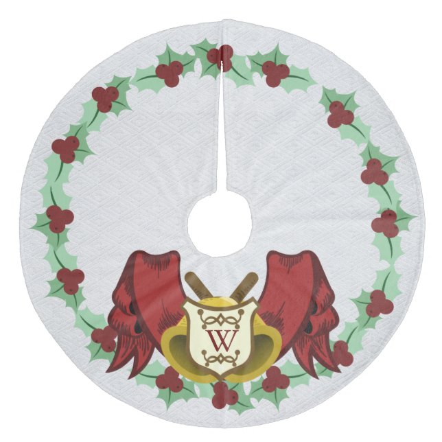 Red Ribbon Christmas Bells & Holly - Personalised Fleece Tree Skirt (Front)