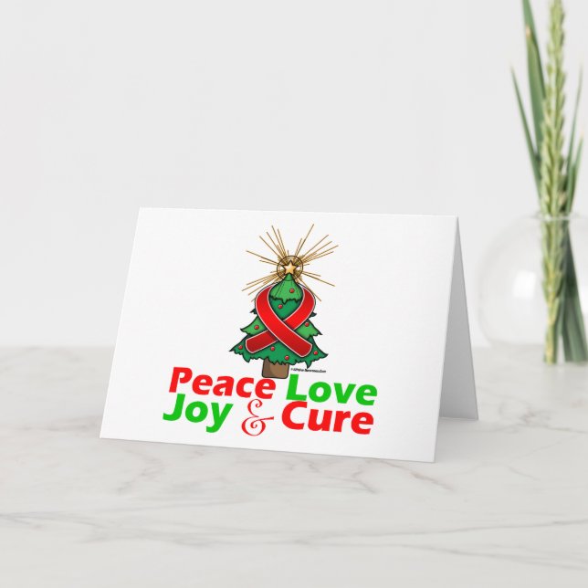Red Ribbon Christmas Peace Love, Joy & Cure Holiday Card (Front)