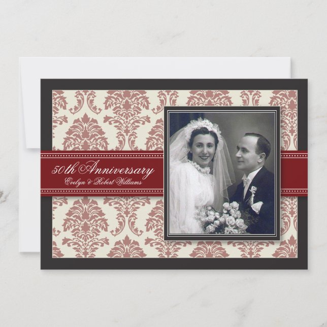 Red Ribbon Damask Anniversary Party Invitation (Front)