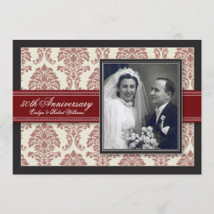 Red Ribbon Damask Anniversary Party Invitation