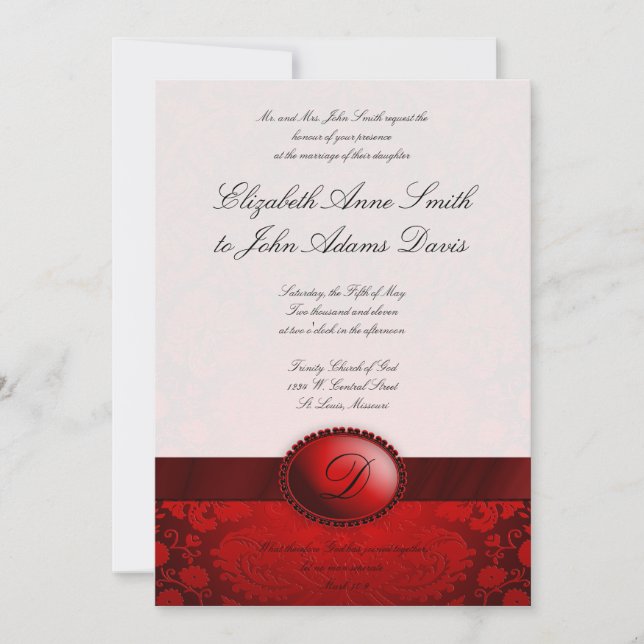 Red Ribbon Damask Wedding Invitation (Front)