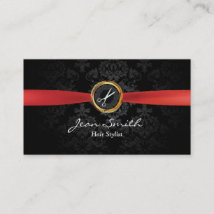 Red Ribbon Dark Damask Hair Stylist Business Card