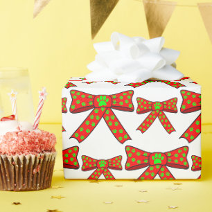 Red Ribbon Dog Paw Prints In Green Christmas Wrapping Paper