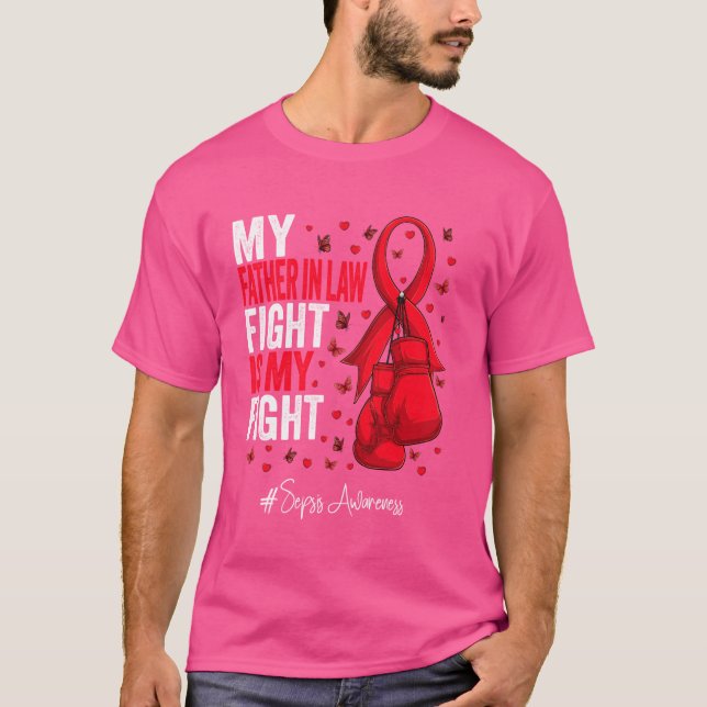 Red Ribbon Father in law Sepsis Awareness T-Shirt (Front)