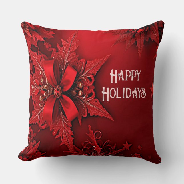 Red Ribbon Floral Holiday Christmas Cushion (Front)