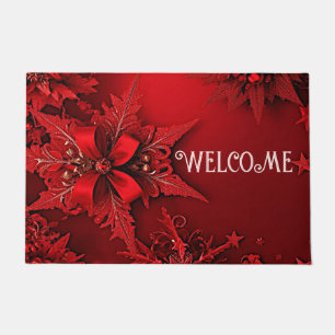 Red Ribbon Floral Holiday Christmas Doormat