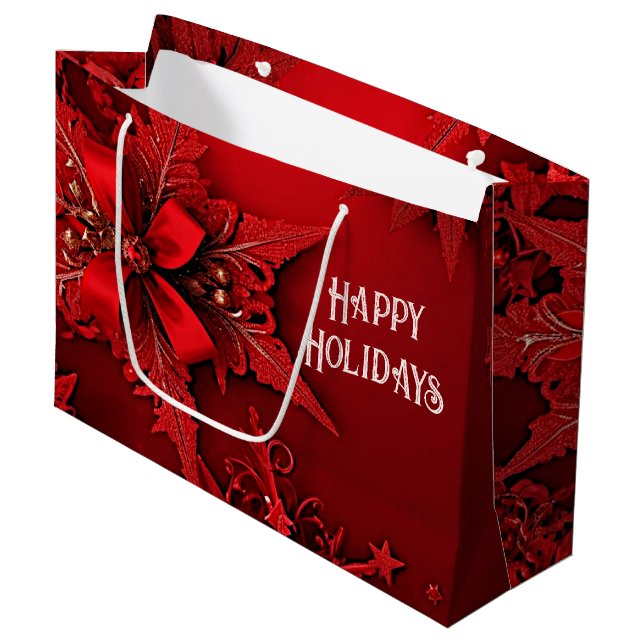 Red Ribbon Floral Holiday Christmas Gift Bag (Front Angled)
