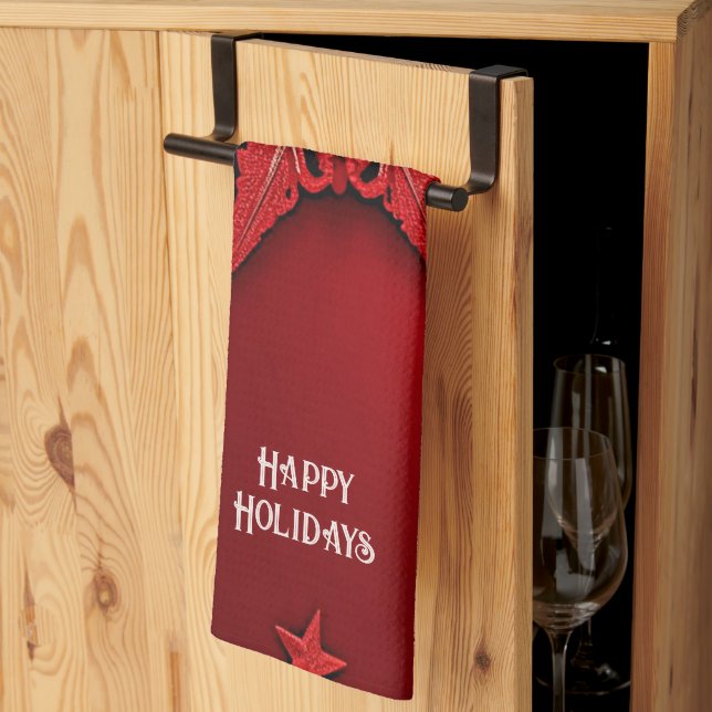 Red Ribbon Floral Holiday Christmas Kitchen Towels (Thirds Fold)