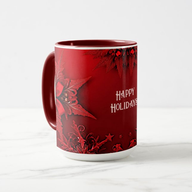 Red Ribbon Floral Holiday Christmas Mug (Front Left)