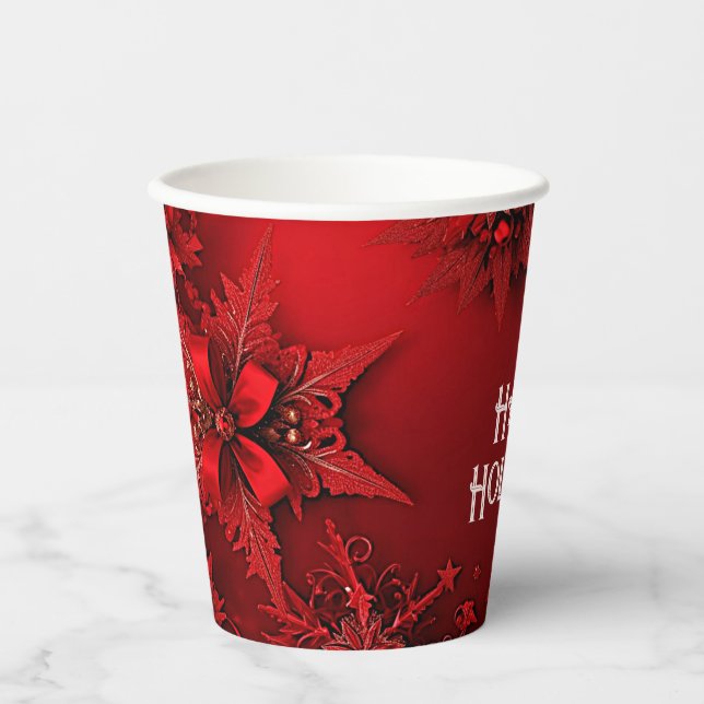 Red Ribbon Floral Holiday Christmas Paper Cups (Front)