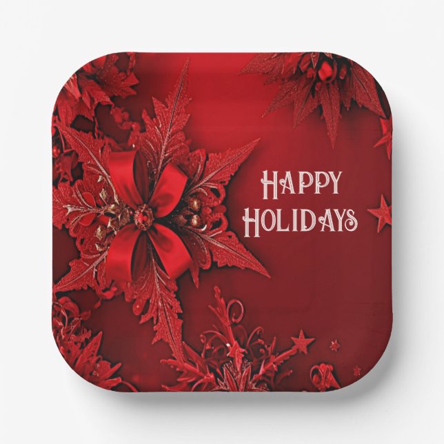 Red Ribbon Floral Holiday Christmas Paper Plate (Front)