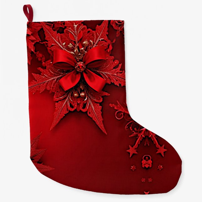 Red Ribbon Floral Holiday Christmas Stocking (Front)