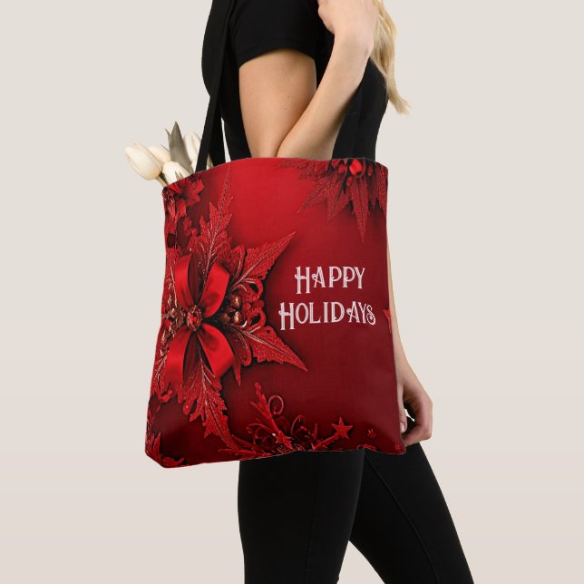 Red Ribbon Floral Holiday Christmas Tote Bag (Close Up)