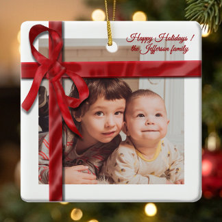 Red Ribbon Framing Custom Photo Christmas Ceramic Ornament