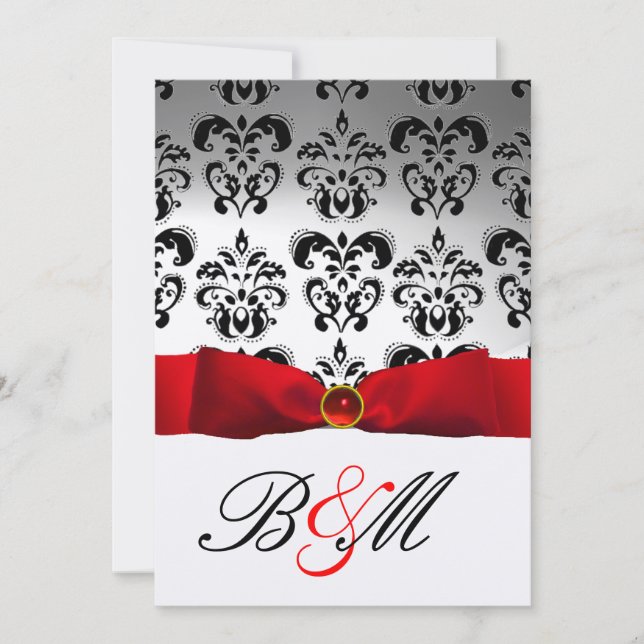 RED RIBBON GOLD BLACK  DAMASK MONOGRAM INVITATION (Front)